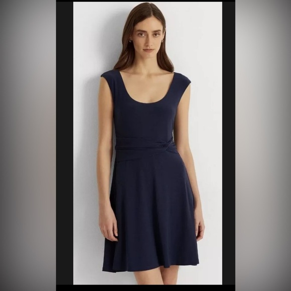 Lauren Ralph Lauren Miralavia Fit & Flare Navy Jersey Stretch Dress Size 14 - Picture 1 of 8